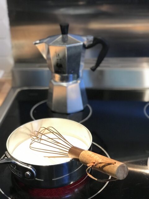 Steaming milk on the stove